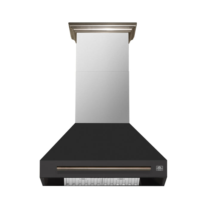 FORNO Aria 30" 600 CFM Convertible Wall Mount Range Hood with Black Hood and Antique Brass Accents, FRHWM5095-30BLK