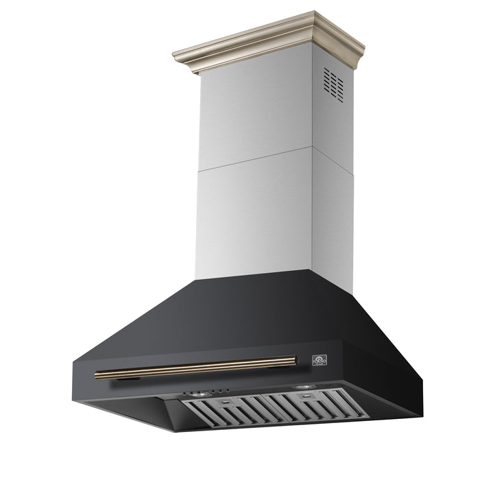 FORNO Aria 30" 600 CFM Convertible Wall Mount Range Hood with Black Hood and Antique Brass Accents, FRHWM5095-30BLK
