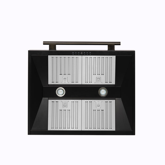 FORNO Aria 30" 600 CFM Convertible Wall Mount Range Hood with Black Hood and Antique Brass Accents, FRHWM5095-30BLK