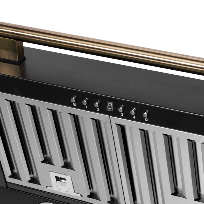 FORNO Aria 30" 600 CFM Convertible Wall Mount Range Hood with Black Hood and Antique Brass Accents, FRHWM5095-30BLK