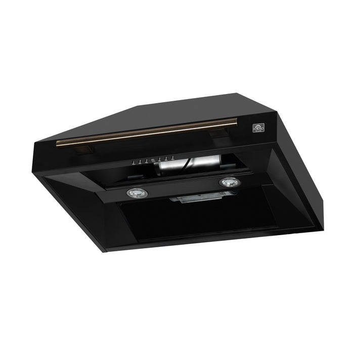 FORNO Aria 30" 600 CFM Convertible Wall Mount Range Hood with Black Hood and Antique Brass Accents, FRHWM5095-30BLK