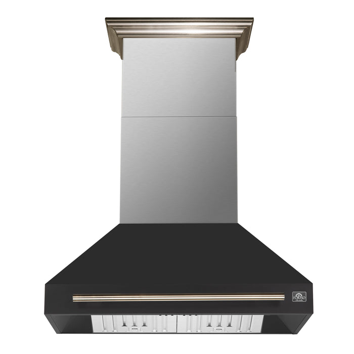 FORNO Aria 36" 1200 CFM Convertible Wall Mount Range Hood with Black Hood and Antique Brass Accents, FRHWM5095-36BLK