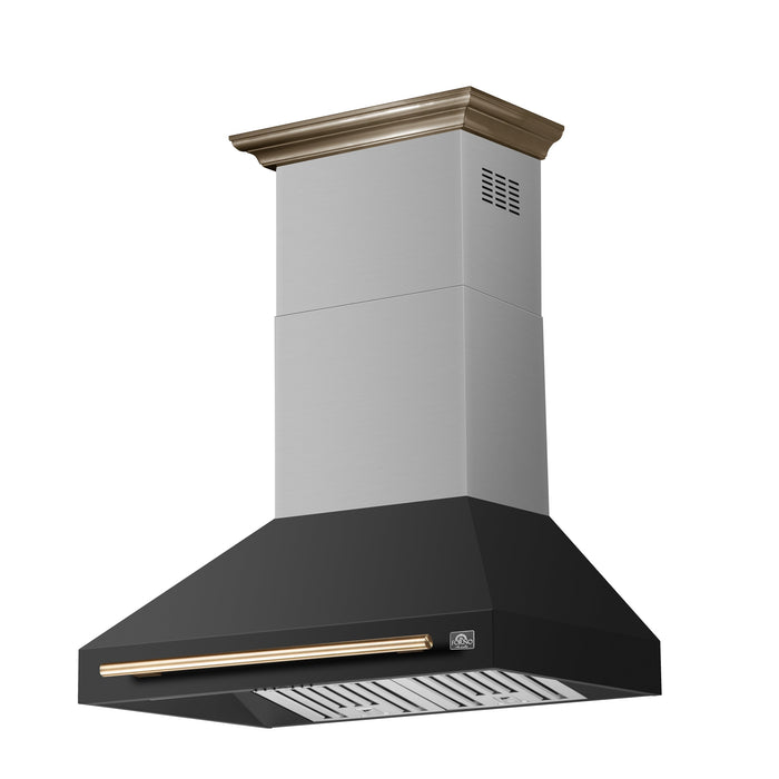 FORNO Aria 36" 1200 CFM Convertible Wall Mount Range Hood with Black Hood and Antique Brass Accents, FRHWM5095-36BLK