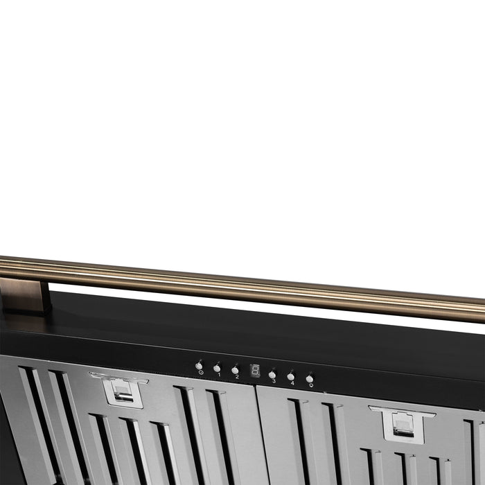 FORNO Aria 36" 1200 CFM Convertible Wall Mount Range Hood with Black Hood and Antique Brass Accents, FRHWM5095-36BLK