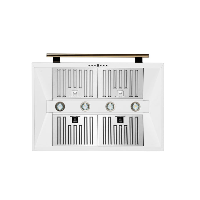 FORNO Aria 36" 1200 CFM Convertible Wall Mount Range Hood with White Hood and Antique Brass Accents, FRHWM5095-36WHT