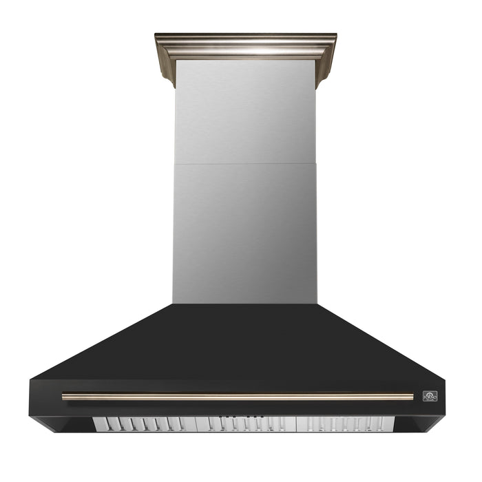 FORNO Aria 48" 1200 CFM Convertible Wall Mount Range Hood with Black Hood and Antique Brass Accents, FRHWM5095-48BLK