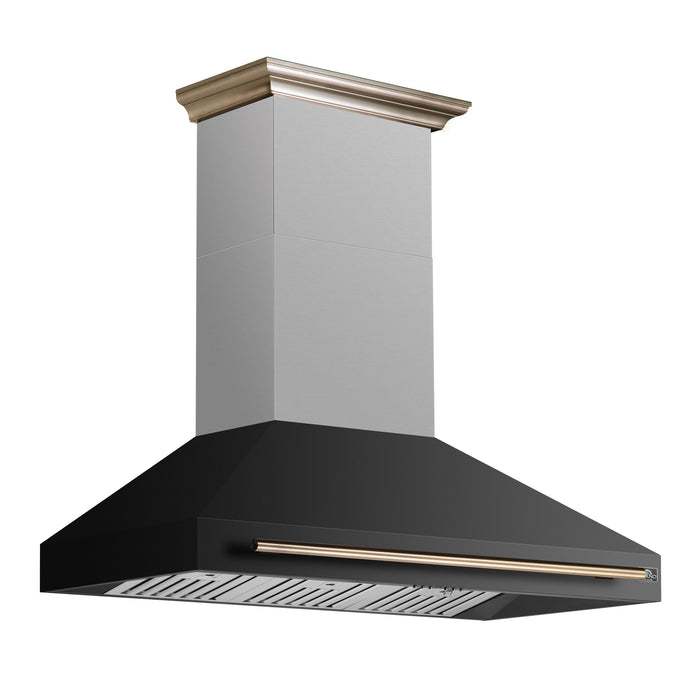 FORNO Aria 48" 1200 CFM Convertible Wall Mount Range Hood with Black Hood and Antique Brass Accents, FRHWM5095-48BLK