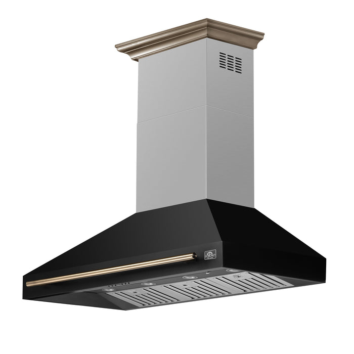 FORNO Aria 48" 1200 CFM Convertible Wall Mount Range Hood with Black Hood and Antique Brass Accents, FRHWM5095-48BLK