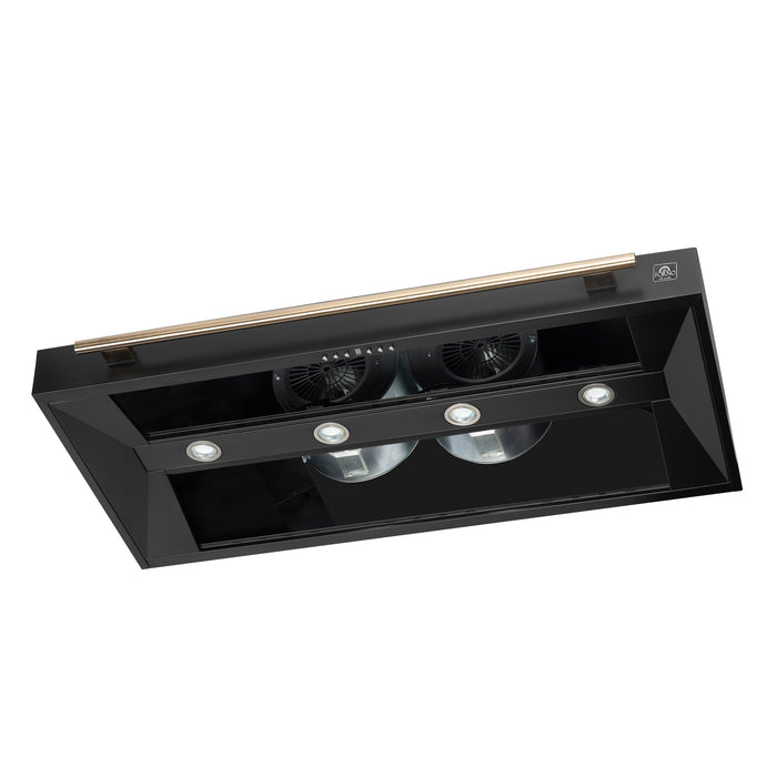 FORNO Aria 48" 1200 CFM Convertible Wall Mount Range Hood with Black Hood and Antique Brass Accents, FRHWM5095-48BLK