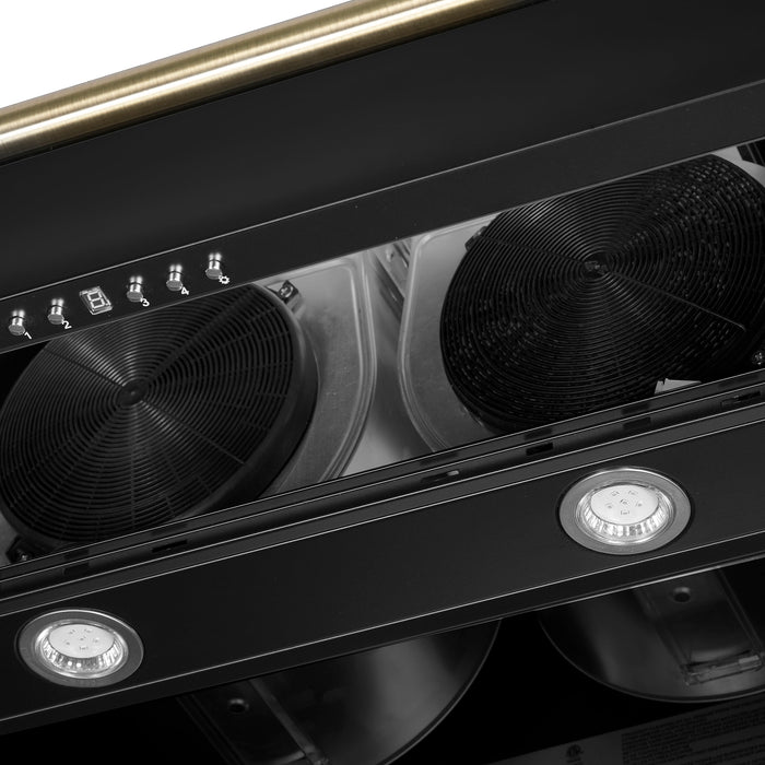 FORNO Aria 60" 1200 CFM Convertible Wall Mount Range Hood with Black Hood and Antique Brass Accents, FRHWM5095-60BLK