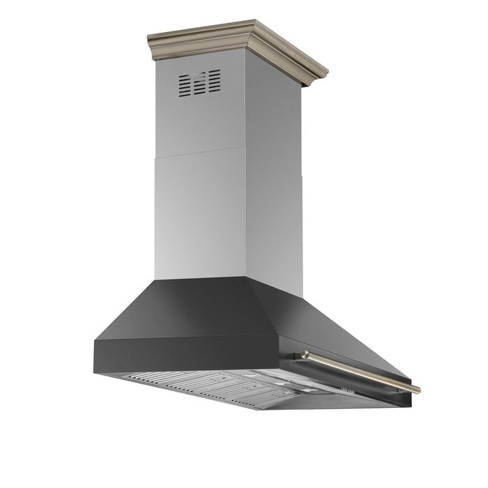 FORNO Aria 60" 1200 CFM Convertible Wall Mount Range Hood with Black Hood and Antique Brass Accents, FRHWM5095-60BLK