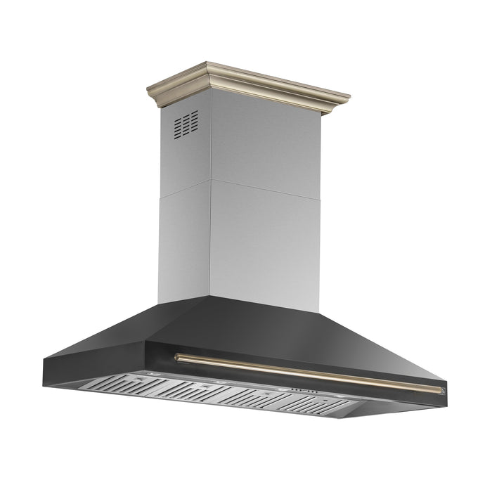 FORNO Aria 60" 1200 CFM Convertible Wall Mount Range Hood with Black Hood and Antique Brass Accents, FRHWM5095-60BLK