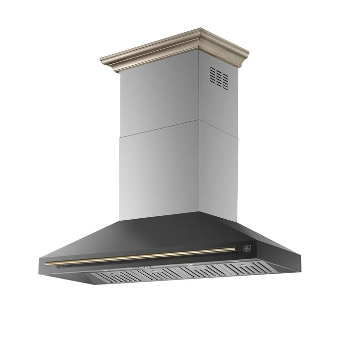 FORNO Aria 60" 1200 CFM Convertible Wall Mount Range Hood with Black Hood and Antique Brass Accents, FRHWM5095-60BLK