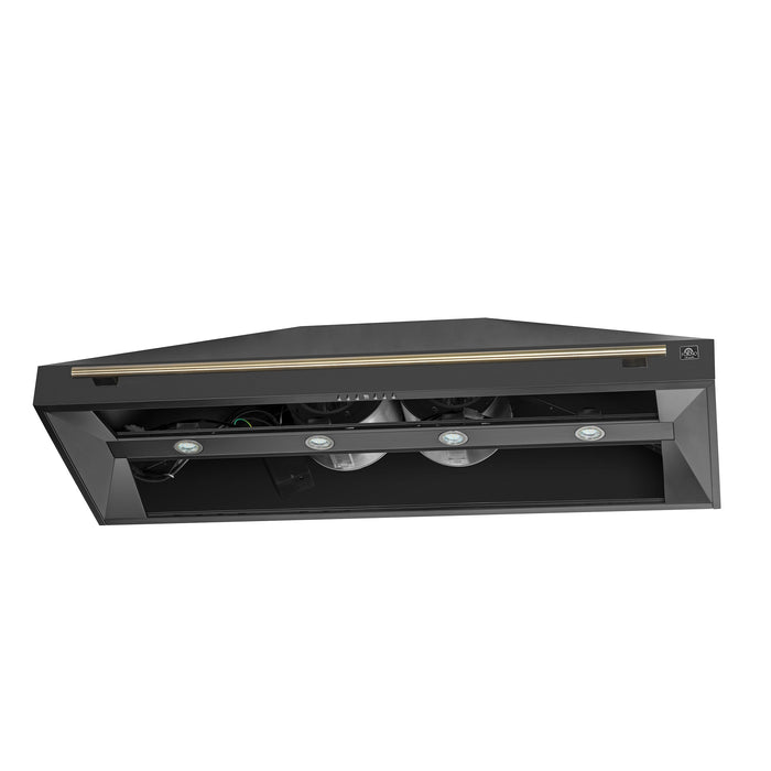FORNO Aria 60" 1200 CFM Convertible Wall Mount Range Hood with Black Hood and Antique Brass Accents, FRHWM5095-60BLK