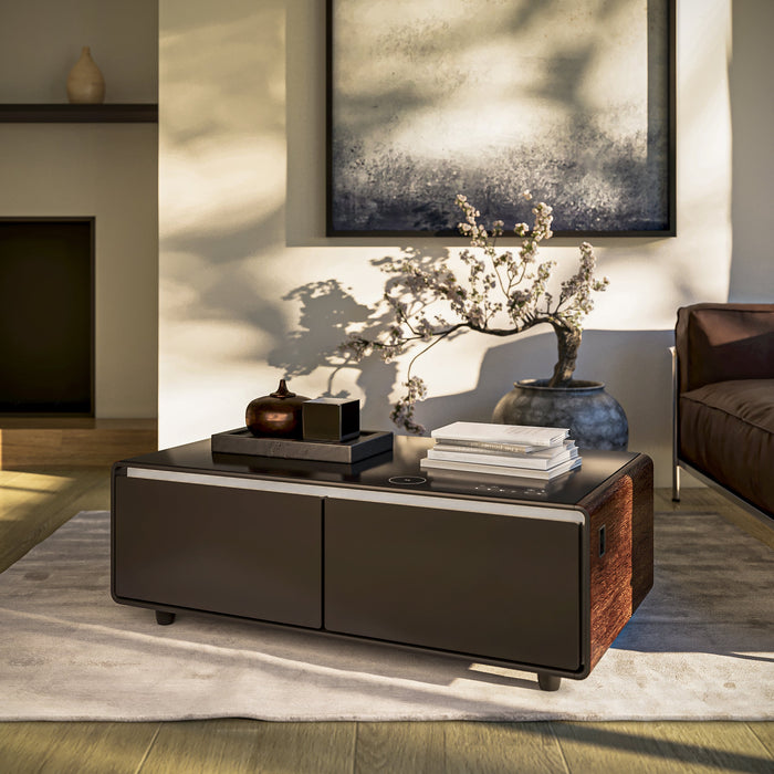 FORNO Evoluto  51" Smart Coffee Table – Dual Fridge Drawers, Bluetooth Audio, Wireless Charging, RGB Light in Black with Wood Accents, FCTFR7006-51WD