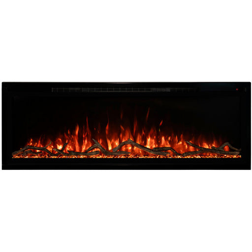 A black frame fireplace displaying flames and decorative logs.