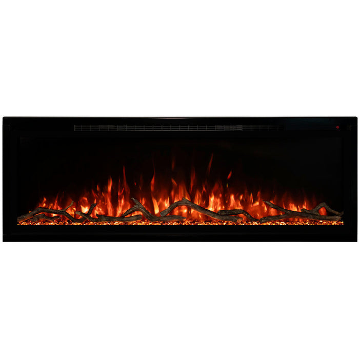 A black frame fireplace displaying flames and decorative logs.