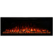 A black frame fireplace displaying flames and decorative logs.