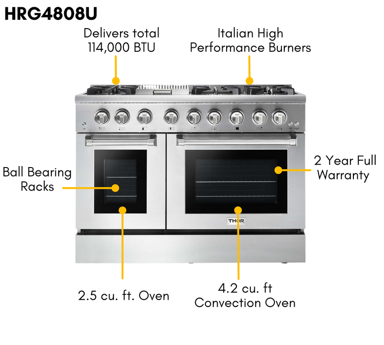Thor Kitchen 48 in. 6.7 cu. ft. Professional Natural Gas Range in Stainless Steel, HRG4808U