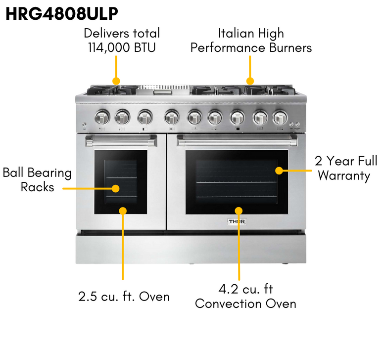 Thor Kitchen 48 in. 6.7 cu. ft. Professional Propane Gas Range in Stainless Steel, HRG4808ULP