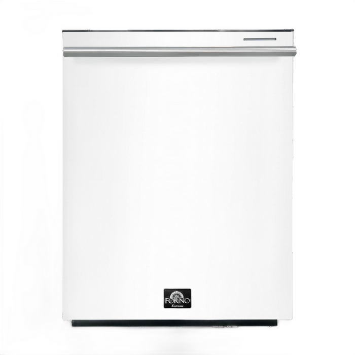FORNO Espresso Package - 30" Electric Range, Range Hood, Refrigerator and Dishwasher in White with Silver Handles