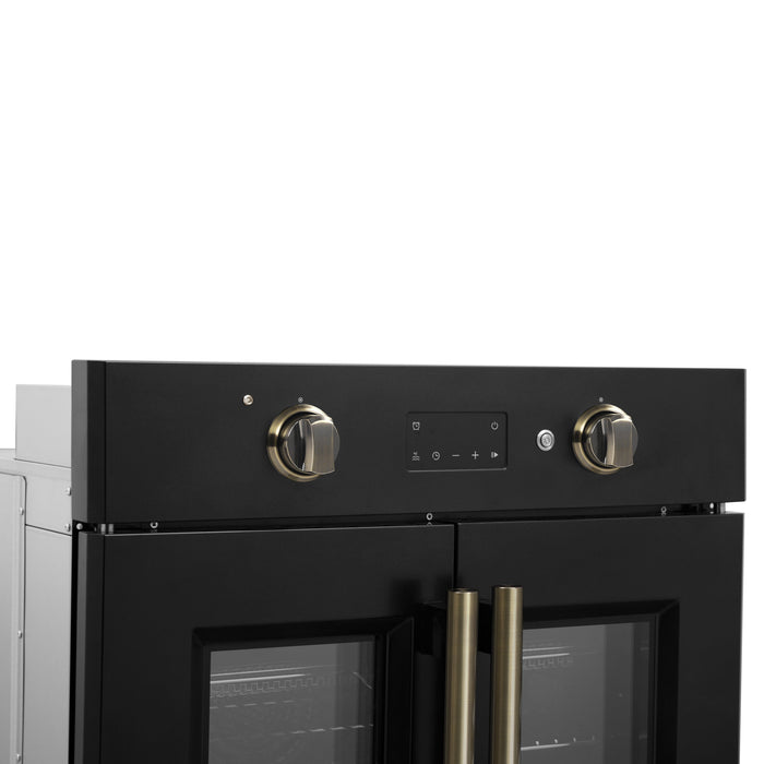 FORNO Asti 30" 3.58 cu. ft. French Door Electric Wall Oven with Air Fry, Self-Clean and Sous Vide in Black with Antique Brass Accents, FBOEL1333-30BLK