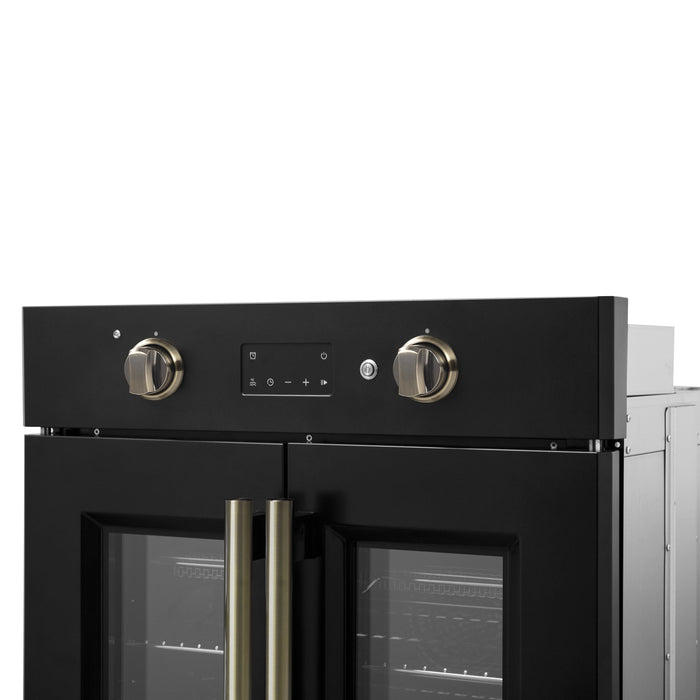 FORNO Asti 30" 3.58 cu. ft. French Door Electric Wall Oven with Air Fry, Self-Clean and Sous Vide in Black with Antique Brass Accents, FBOEL1333-30BLK