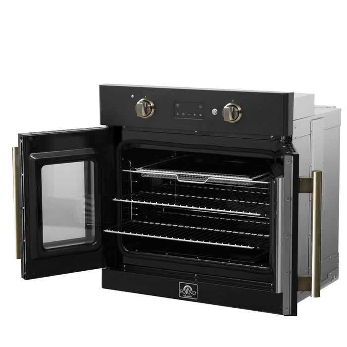 FORNO Asti 30" 3.58 cu. ft. French Door Electric Wall Oven with Air Fry, Self-Clean and Sous Vide in Black with Antique Brass Accents, FBOEL1333-30BLK