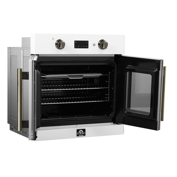 FORNO Asti 30" 3.58 cu. ft. French Door Electric Wall Oven with Air Fry, Self-Clean and Sous Vide in White with Antique Brass Accents, FBOEL1333-30WHT