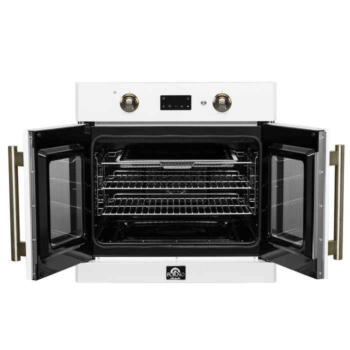 FORNO Asti 30" 3.58 cu. ft. French Door Electric Wall Oven with Air Fry, Self-Clean and Sous Vide in White with Antique Brass Accents, FBOEL1333-30WHT
