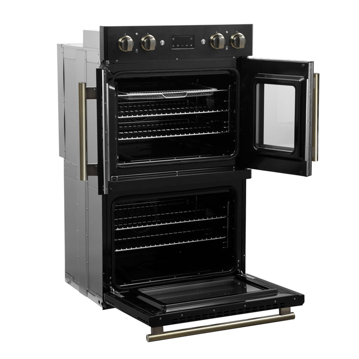 FORNO Asti 30" 7.36 cu. ft. French Door Double Electric Wall Oven with Air Fry, Self-Clean and Sous Vide in Black with Antique Brass Accents, FBOEL1340-30BLK
