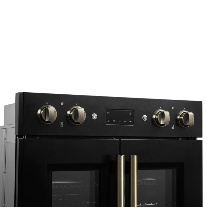 FORNO Asti 30" 7.36 cu. ft. French Door Double Electric Wall Oven with Air Fry, Self-Clean and Sous Vide in Black with Antique Brass Accents, FBOEL1340-30BLK