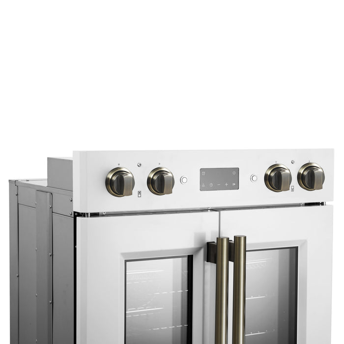 FORNO Asti 30" 7.36 cu. ft. French Door Double Electric Wall Oven with Air Fry, Self-Clean and Sous Vide in White with Antique Brass Accents, FBOEL1340-30WHT