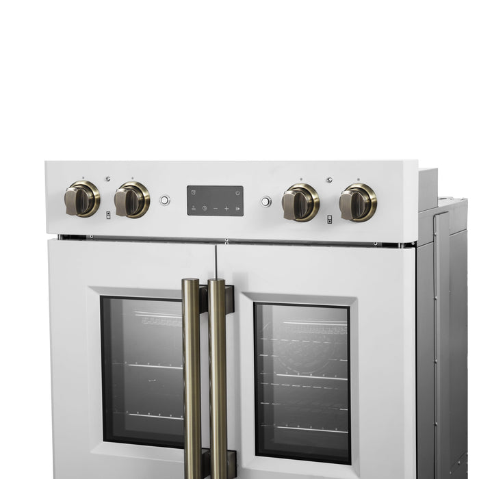 FORNO Asti 30" 7.36 cu. ft. French Door Double Electric Wall Oven with Air Fry, Self-Clean and Sous Vide in White with Antique Brass Accents, FBOEL1340-30WHT