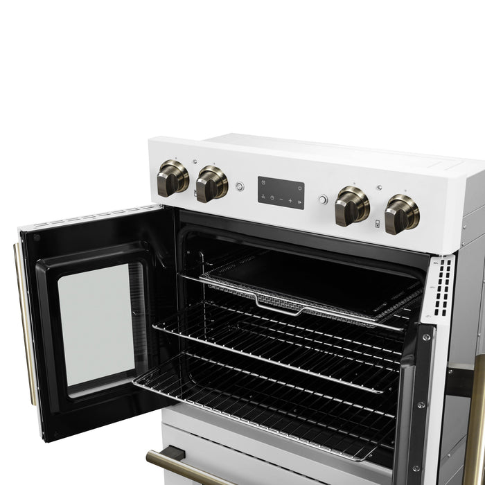 FORNO Asti 30" 7.36 cu. ft. French Door Double Electric Wall Oven with Air Fry, Self-Clean and Sous Vide in White with Antique Brass Accents, FBOEL1340-30WHT