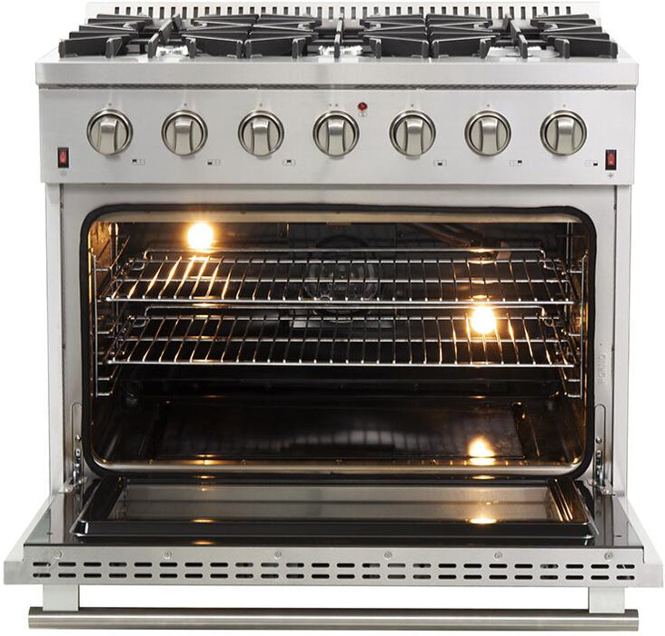 FORNO Package - 36 Inch Gas Range, Wall Mount Range Hood, Refrigerator, Microwave Drawer, Dishwasher, AP-FFSGS6244-36-8