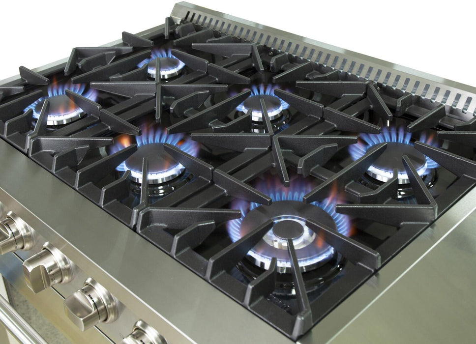 FORNO Appliance Package - 36 Inch Gas Range, Wall Mount Range Hood, Refrigerator, Microwave Drawer, Dishwasher, Wine Cooler, AP-FFSGS6244-36-W-9
