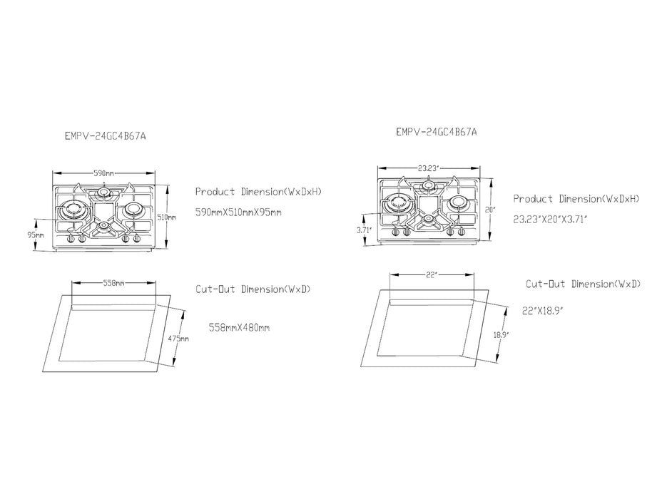 Empava 24-Inch Built-in Natural Gas Cooktops with 4 Burners in Stainless Steel (EMPV-24GC4B67A)