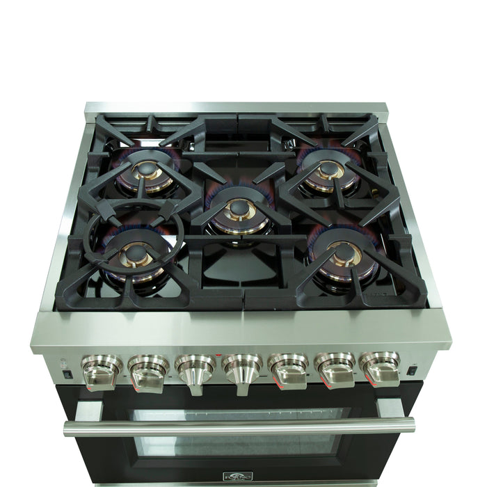 Forno 30-Inch Capriasca Dual Fuel Range with 5 Gas Burners and 240v Electric Oven in Stainless Steel with Black Door (FFSGS6187-30BLK)