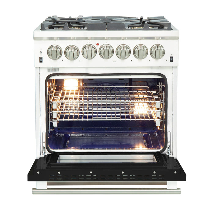 Forno 30-Inch Capriasca Dual Fuel Range with 5 Gas Burners and 240v Electric Oven in Stainless Steel with Black Door (FFSGS6187-30BLK)