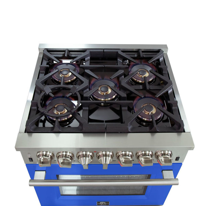 Forno 30-Inch Capriasca Dual Fuel Range with 5 Gas Burners and 240v Electric Oven in Stainless Steel with Blue Door (FFSGS6187-30BLU)