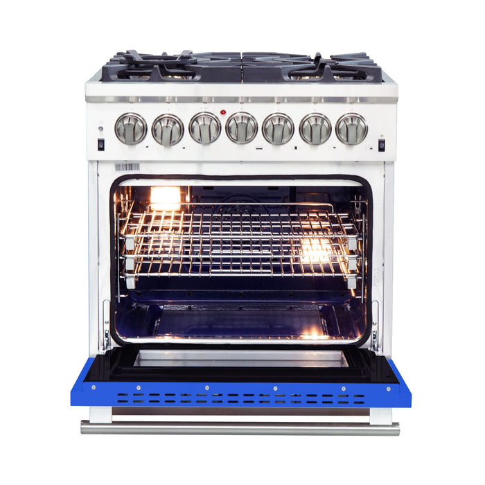 Forno 30-Inch Capriasca Dual Fuel Range with 5 Gas Burners and 240v Electric Oven in Stainless Steel with Blue Door (FFSGS6187-30BLU)