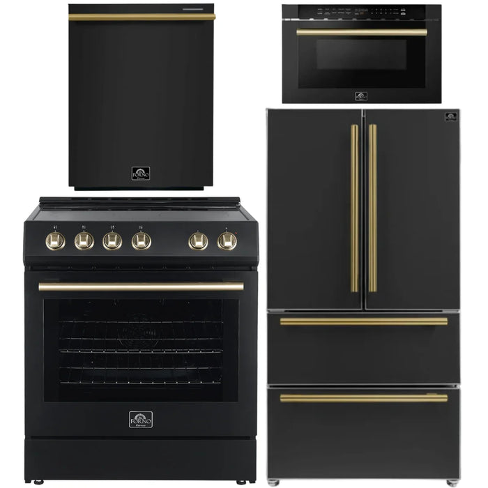 FORNO Espresso Package - 30" Electric Range, 36" Refrigerator with Ice Maker, Dishwasher and 24" Microwave Drawer in Black with Antique Brass Accents