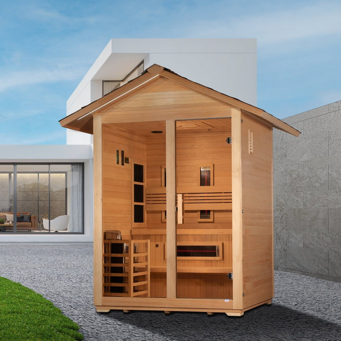 Golden Designs "Carinthia" 3 Person Hybrid (PureTech™ Full Spectrum IR or Traditional Stove) Outdoor Cabin Sauna GDI-8123-01