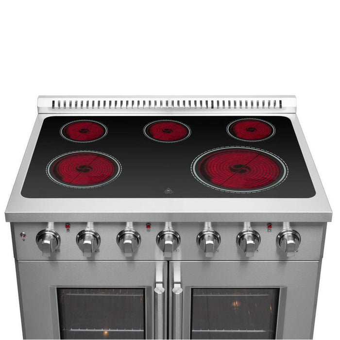 FORNO Package - 36" Electric French Door Range, Wall Mount Range Hood, Refrigerator and Dishwasher, AP-FFSEL6917-36-4PK-1